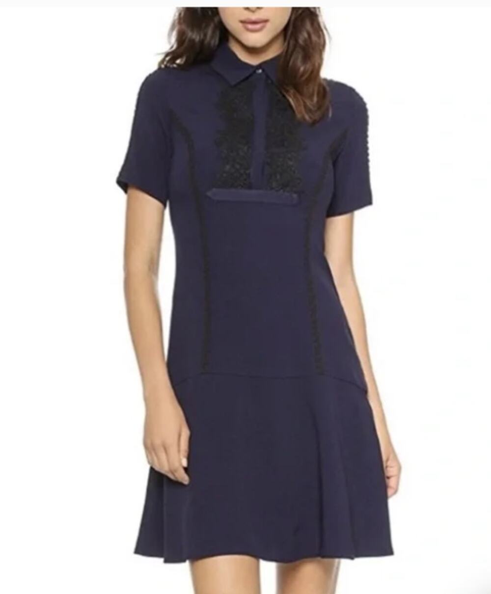 NEW Marchesa Voyage Navy Fit & Flare Dress Lace Yoke Short Sleeve Womens 4